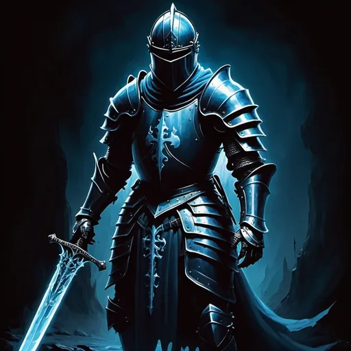 Prompt: There is a knight. The knight is possessed by a ghost. The color of the ghost is blue. The ghost can be seen silhouetting the knight. The knight is in the abyss. The knight has a great sword in his hand.