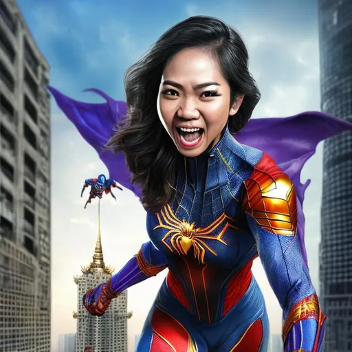 Prompt: one hybrid superhero character, Mix Thai  female and spiderwoman, in realistic background of maha nakorn tower bangkok, with weapon, happy facial expression, detailed armor and cape, 4K, detailed facial expression, superhero, vibrant colors, intense gaze, advertisement-worthy, realistic, detailed illustration, professional, vibrant lighting
