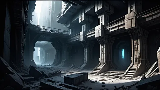 Prompt: very dark, complete darkness, mostly dark, huge underground cavern, colossus, ruins of a frosty fantasy city, central plaza, aerial view, view from above, top-down view, abandoned laboratory, thick pylons, blackened wreckage, scattered debris, dead trees, snowy, frozen, icy, icicles, ice, large obelisks, humanoid statuary, archways, eerie green lights, glowing blue sconces, ancient aztec architecture, polygonal buildings, curved paths, curved roads, curved walls, polygonal shapes, shattered domes, broken buildings, crumbled buildings, broken aqueducts, cold lighting, city lights, magical lighting, fantasy lighting, hyper realistic, highly detailed, somber mood, desolation of cybertron, exposed floors, exposed rooms, bent metal struts, exposed rebar, exposed wiring, exposed sewer system, futuristic cyberpunk tech-noir setting, robotic city, interconnected buildings, devastated infrastructure, loose wiring, busted pipes, broken spires, multiple levels, gloom, bioluminescent lichen, no vegetation