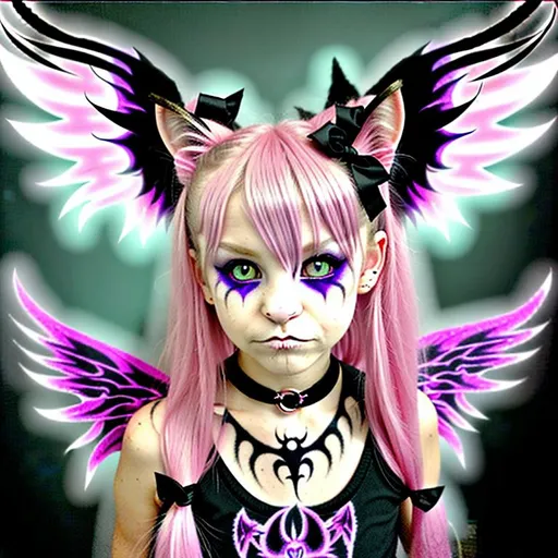 Prompt: Half demon, half wolf cat thingy hair made from fairydust eyes glow in the dark 12 inch scar arcrossed face because bullied, nerd, pretty clothing because princesse, half fairy fancy neckless from mom thats dead and bruses from dad I have angel wings I wEAR PINK maKeup and  My tail is the a fluffy demon tail, boy