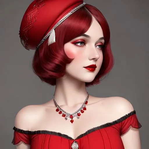 Prompt: a pretty girl  dressed in red,  flapper, wearing a  large red hat 1920's era, bob hair cut, 1920's era makeup, facial closeup