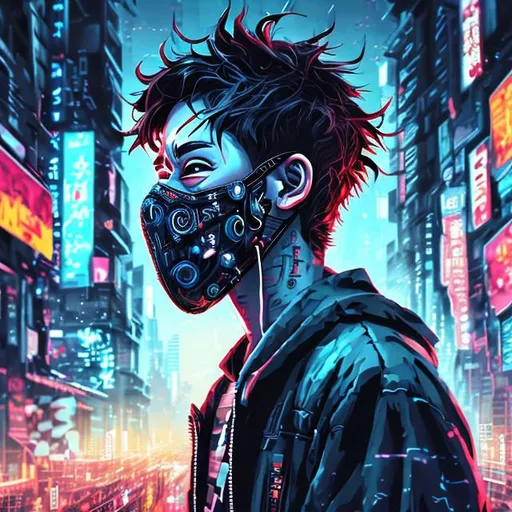 Prompt: insane, anime boy, wavy hair, facemask, smiling, city lights, cyberpunk, city in background, mask, illusions, vibrant, running, looming demon, hallucinations, power, high definition, professional brush strokes, 4k, HD, panorama view