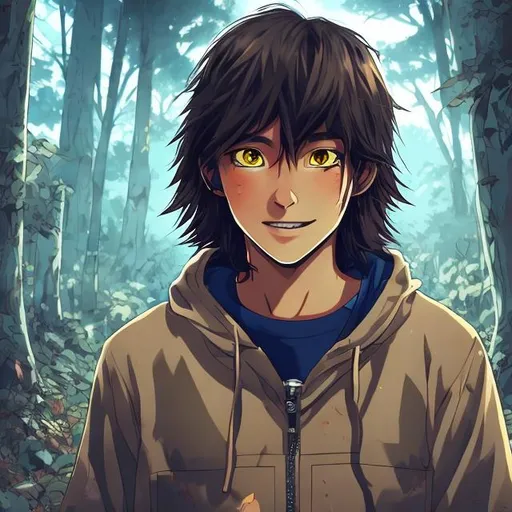 Prompt: Anime illustration of a 30-year-old skateboarder with long brown hair, walking a forest trail, detailed facial features, vibrant colors, high quality, anime, detailed hair, realistic forest setting, serene lighting, ghost, apparition, 