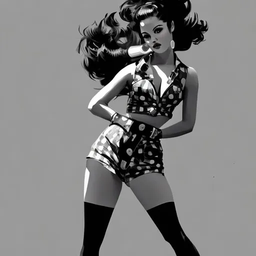 Prompt: "painting of the figure of a pin up girl posing, high contrast, poster, clothes in the fashion of 6 0's, concept art, black and white, dramatic lighting, digital art, 8 k, drawn by arnold armitage"