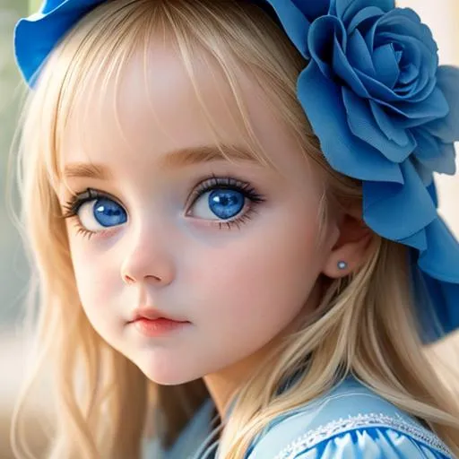 Prompt: baby  girl with very light blonde hair and big blue eyes wearing a blue dress, closeup