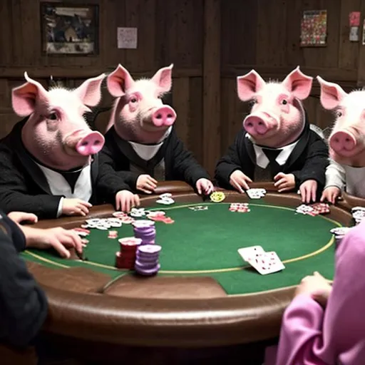 Prompt: Three pigs are in a dark room sitting on wooden chairs at a wooden round table playing poker. The three pigs are all wearing black tuxedos. The pigs are all pink 