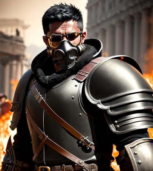 Prompt: Poster art, high-quality high-detail highly-detailed a men Centurion of Roman Army,carring pistol in hands, gas mask and dark black glasses in battle, masterpiece with detailed face 4k, trending on artstation, octane render, full form, epic, 8k HD, sharp focus, ultra realistic clarity. Hyper realistic, Detailed face, portrait, realistic, close to perfection, wearing lorica segmentata color black , wearing carbon black fibre Armour, full body, high quality cell shaded illustration, ((full body)), dynamic pose, perfect anatomy, centered, freedom, soul, Black short hair, approach to perfection, cell shading, 8k , cinematic dramatic atmosphere, watercolor painting, global illumination, detailed and intricate environment, artstation, concept art, fluid and sharp focus, volumetric lighting, cinematic lighting, Black Color Armor, background battle