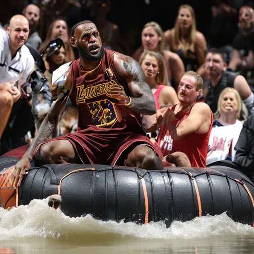 Prompt: lebron james stuck on raft with a dog in a strom