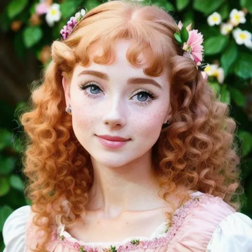 Prompt: short cut strawberry blonde curly hair, girl, Renaissance era, renaissance clothes, brown eyes, pretty, pink cheeks, freckles, Audrey Hepburn face, flowers in hair, pale, adult