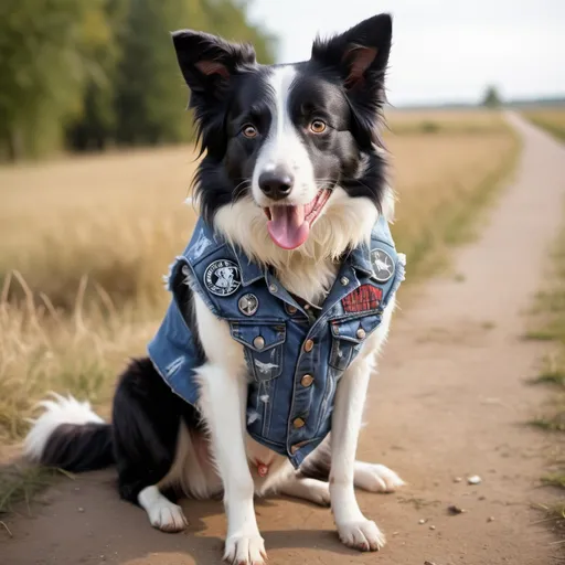 Prompt: border collie wearing a heavy metal music denim vest thrash metal patches 