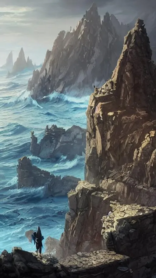 Prompt: fantasy concept art by greg rutkowski, hooded figure in the  foreground looks out over a sea from a high cliff, rugged in the background, sea creature surfaces in the foreground, gestural oil painting style, blue glowing floating sky islands, cinematographic morning light, artstation hq, 