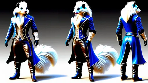 Prompt: concept art, an anthropomorphic bipedal male skunk mage standing  up in an 'A' pose wearing a renaissance leather jerkin and renaissance tights with renaissance leather boots, big realistic blue eyes, slender male physique, white forelocks come from his forehead like a Mohawk, long white hair from the back of his head and down to his shoulders, long fluffy tail that curves from his buttocks up his back, 8k, front shot, hyper detailed, photo realistic, professional, GFP-GAN