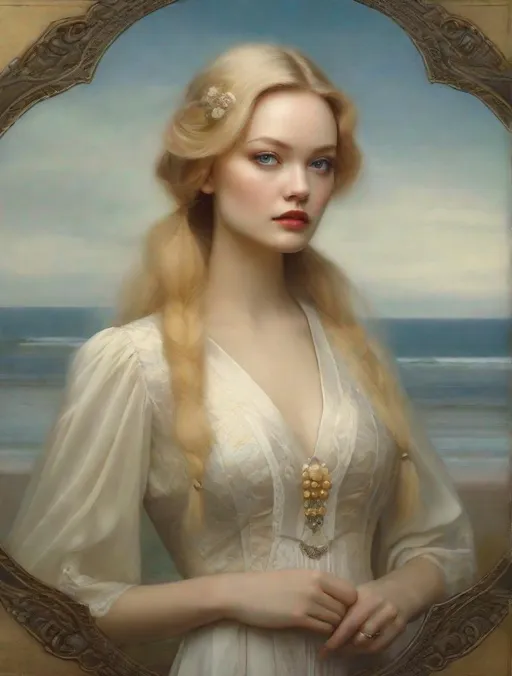Prompt: <mymodel> A middle-aged victorian Woman Portrait, blond hair [blend face, gemma ward .30] ARTIST STYLE: William Waterhouse, Tom Bagshaw Gerald Brom, Raphael, 