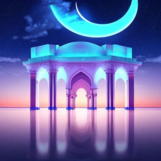 Prompt: Ocean surface as ground, a beautiful white marble grand mosque on clouds in the sky, night sky with Crescent moon shining extremely bright in background, with pink-blue color theme, 4k, 8k, HDR, Photorealistic, realistic