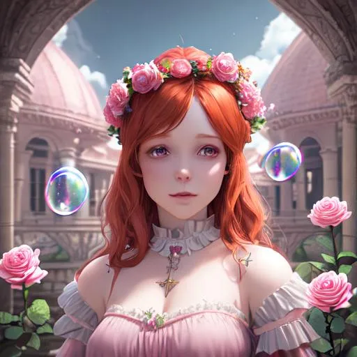 Prompt: volumetric lighting, occlusion, Unreal Engine 5 128K UHD Octane, fractal, pi, fBm Redhead maiden flower crown on head 1800s architecture painting bubbles roses pink holding lil fairy