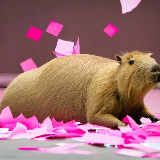 Prompt: capybara with a pink tutu skirt on a stage with pink confetti