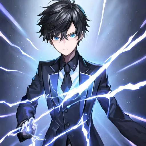 Prompt: A boy with electrical powers with black suit having blue stripes on it