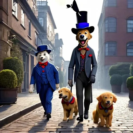 Prompt: An Anthropomorphic big old Golden Retriever dog Mr. Lucky is my father dog wearing dressed as a business officer man on a Mary poppins returns animated style