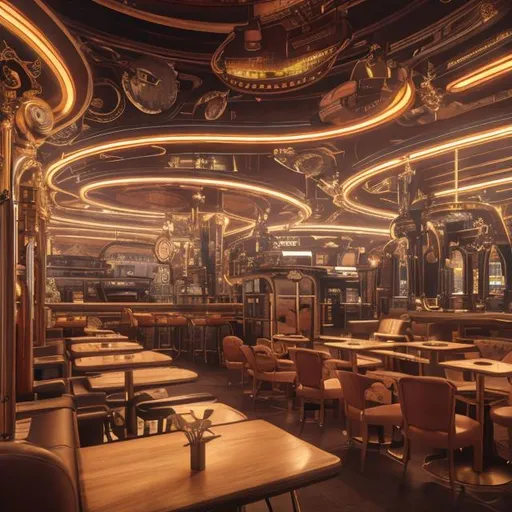 Prompt: futuristic large vienna cafe within moon base, decadent, neon, many tables and chairs, wood paneling, realistic details, photorealistic, 8k render, cinematic lighting, ultra detailed