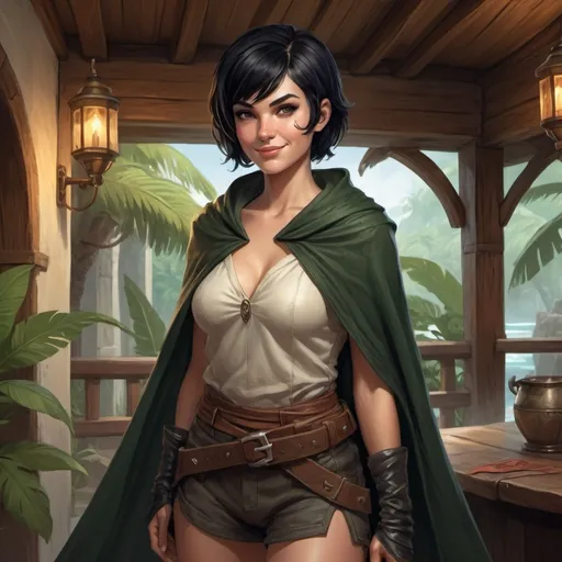 Prompt: Full body, Fantasy illustration of a female rogue, 28 years old, athletic, short black hair, fancy hairstyle, wearing a cloak, mischievous expression, mocking smile, high quality, rpg-fantasy, detailed, in a tropical inn