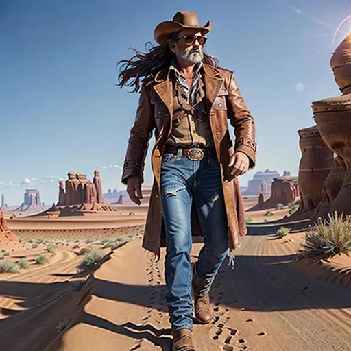 Prompt: 3D, HD, Western, Epic, long shot scenic professional photograph of "Ruggedly handsome middle-aged man dressed in oold{western} clothing with long wavy brown hair in his faded  jeans and Black leather overcoat and with (reflective)sunglasses{heart-shaped}.  He is walking down a dusty trail in the desert at sunset in the early nineteen-forties.  It's a brisk autumn day in the  southwestern United States".  Perfect viewpoint, highly detailed, wide-angle lens, hyper realistic, with dramatic clouds sunset sky, polarizing filter, natural lighting, vivid, warm colors, color gradient,  everything in sharp focus, HDR, UHD, ultrafine details, unreal engine 5, 64K --s98500