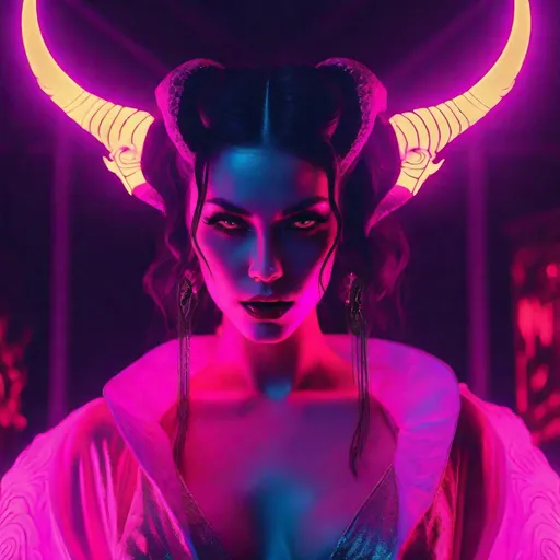 Prompt: beautiful female demon, hell, demonic, vaporwave, retro, neon, aesthetic, liminal, high quality, high definition, beautiful, dramatic lighting