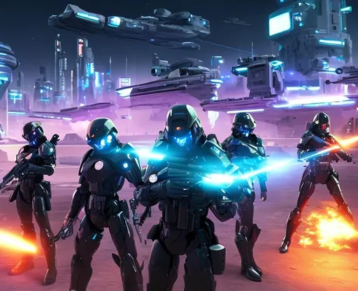 Prompt: futuristic humanoid soldiers with laser guns and futuristic armor shooting in a battle, the battle is happening in a futuristic city  