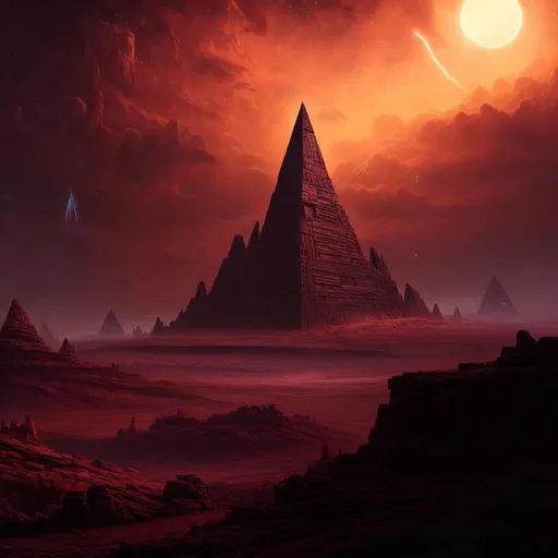 Prompt: a desolate landscape with an ancient alien pyramid in the distance, cosmic, interstellar, vivid sky, digital art, matte painting, concept art, intricate, epic, depth, artstation, Noah Bradley, Greg Rutkowski, highly detailed, mysterious, octane render, 8k, - H 1088