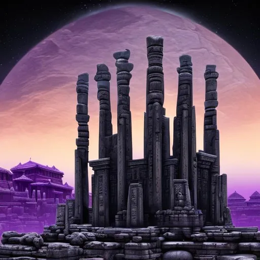 Prompt: A photograph of a tall, ancient temple made of black marble on an alien world with a purple sky and two moons. perfect composition, 4k, landscape