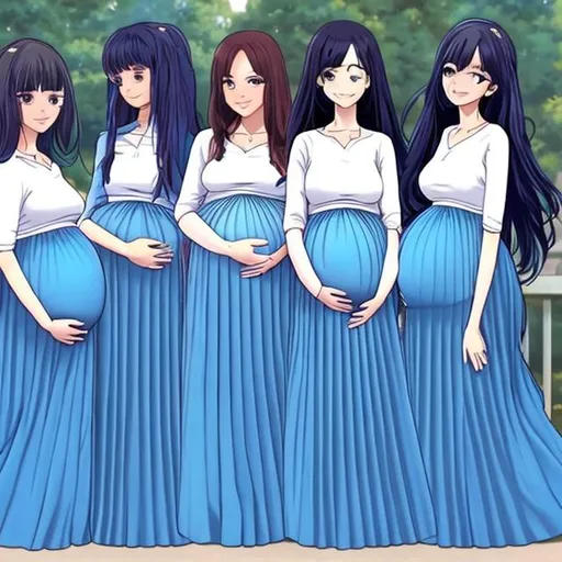 Prompt: There are multiple pregnant anime girls who are all wearing blue pleated long skirts. The hair of the anime girls are long and straight.

The pregnant anime girls are holding their baby bumps.
