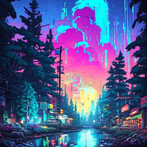 Prompt: cyberpunk Bob Ross painting, Happy little mistake, pine trees, Street Art, Graffiti Style, Bold, Digital Painting, Urban, Edgy, Colorful, 8K, Intricate Details illuminated by a neon sunset, by Alex Konstad, Tatsuya Ishida, and Patrick Brown, dramatic lighting, hyper-realistic details, with digital painting techniques, trending on Artstation, cinematic cinematic lighting.
