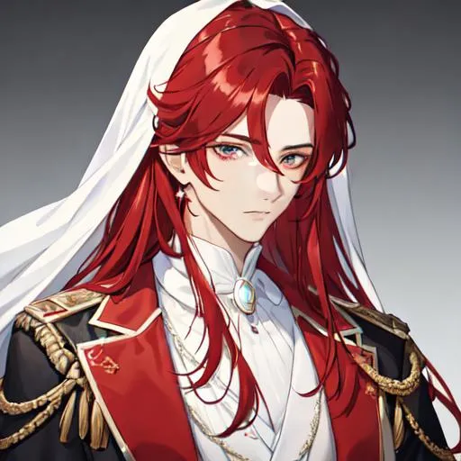 Prompt: Zerif 1male (Red side-swept hair covering his right eye) wearing a royal suit, white shawl, 