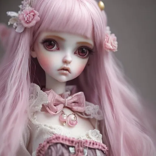 Prompt: doll,  Fantasy, BJD, Dollcore, a feminine style with pinks, bows, jewelry, inspired by dolls and dollhouses.