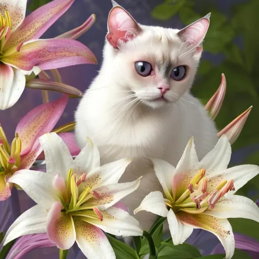 Prompt: White siamese Cat on a stargazer lily
