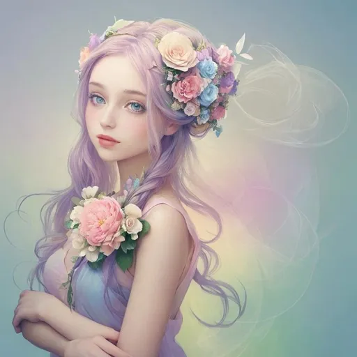 Prompt: Beautiful creation, woman with flowers in her hair, pastel colors