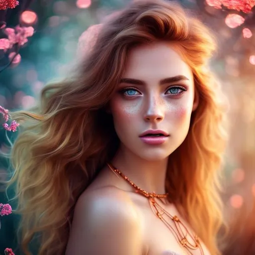 Prompt: HD 4k 3D 8k professional modeling photo hyper realistic beautiful woman ethereal greek goddess of the day
copper hair light brown eyes gorgeous face tan freckled skin pink and yellow shimmering dress full body jewelry flower crown surrounded by magical glowing daylight hd landscape background of enchanting mystical meadow 