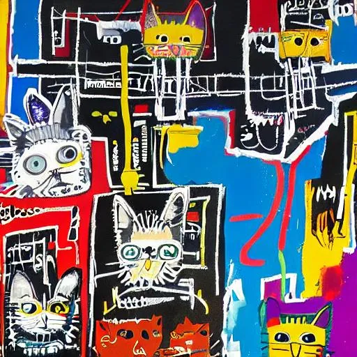 Prompt: basquiat style mural depicting cats in space, 4k