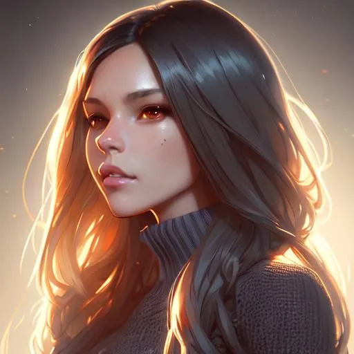 Prompt: hot girl wearing a cute sweater, slim body, long hair, head and shoulders portrait, 8k resolution concept art portrait by Greg Rutkowski, Artgerm, WLOP, Alphonse Mucha dynamic lighting hyperdetailed intricately detailed Splash art trending on Artstation triadic colors Unreal Engine 5 volumetric lighting