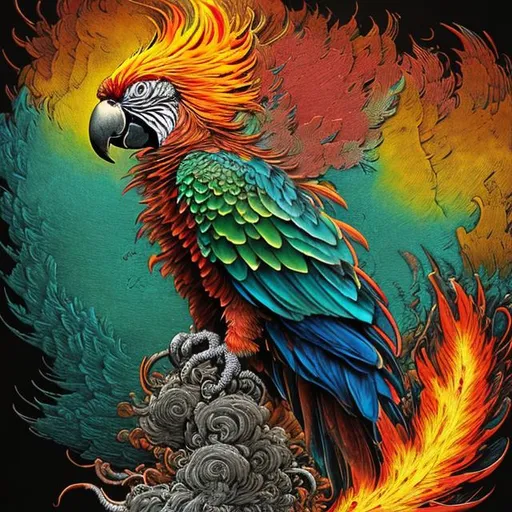 Prompt: Phoenix parrot with colorful flames, realistic
Phoenix parrot with colorful flames and colorful dust. By Hokusai and James Gurney + Black paper with intricate and vibrant Teal line work + Tarot Card + Mandelbulb Fractal + Full of Silver layers + Portrait + Trending on Artstation + Incredible black and Teal Gothic Illustration + Exquisite detail  --w 1088 --h 1664
Phoenix parrot with colorful flames and golden eyes shining a white light, high detail octane render, 8k
Phoenix parrot with colorful flames on its wings  wings, cinematic, realistic, octane render —ar 21:9