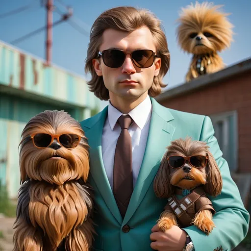 Prompt: young oligarch in sunglasses with a small dog with a Chewbacca head, Chernobyl, cocktail