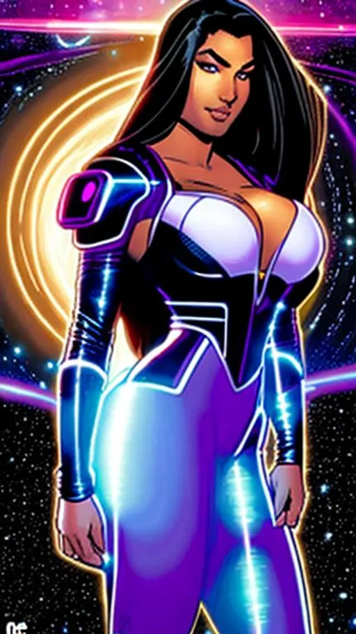 Prompt: Hope Alguin--dark-skinned curvaceous cyborg beauty--uses a quantum computer to scan the Omniverse for any trace of her lost android muse-brother, Philo Layne. art by Juan Gimenez and Adi Granov