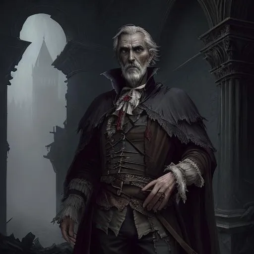 Prompt: highest quality concept art masterpiece, dark fantasy, Ravenloft, digital drawing, photo-realistic, Italian, Roma, short hair,  colorful royal ragged and worn clothes, older male baron, poor and does not show it, dark, night, mists, rotten mansion, 
