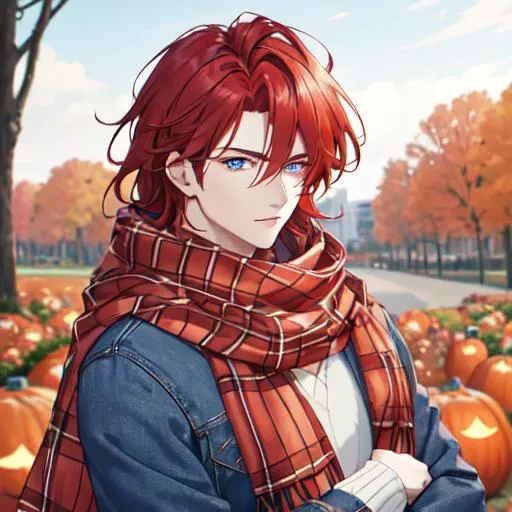 Prompt: Zerif 1male (Red side-swept hair covering his right eye, blue eyes), highly detailed face, wearing a cozy flannel shirt and a pair of stylish jeans. In the park, fall.  wearing a scarf, looking up at the sky, in a pumpkin patch, adult. Handsome,  detailed, UHD, HD, 4K, highly detailed, red haze, masculine, anime style. Hugging Haley 