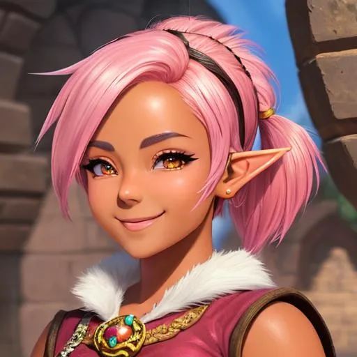 Prompt: oil painting, D&D fantasy, tanned-skinned-gnome girl, tanned-skinned-female, short, beautiful, short bright pink hair, pigtail cut hair, smiling, pointed ears, looking at the viewer, Wizard wearing intricate wizard outfit, #3238, UHD, hd , 8k eyes, detailed face, big anime dreamy eyes, 8k eyes, intricate details, insanely detailed, masterpiece, cinematic lighting, 8k, complementary colors, golden ratio, octane render, volumetric lighting, unreal 5, artwork, concept art, cover, top model, light on hair colorful glamourous hyperdetailed medieval city background, intricate hyperdetailed breathtaking colorful glamorous scenic view landscape, ultra-fine details, hyper-focused, deep colors, dramatic lighting, ambient lighting god rays, flowers, garden | by sakimi chan, artgerm, wlop, pixiv, tumblr, instagram, deviantart