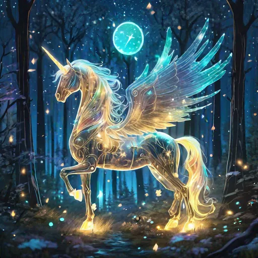 Prompt: A fantasy translucent alicorn that is glowing, in a forest surrounded by bones, beneath the stars, bioluminescent, highres, best quality, concept art