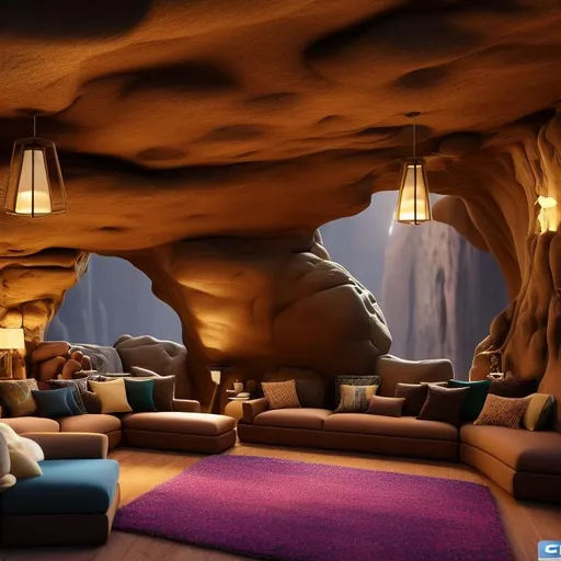 Prompt: cave interior with living room furniture, Genres: sci-fi, Fantasy; Styles: Imaginary, Hyper-Realism; Techniques: Soft brushwork, Glazing, Color Blending; Light settings: Warm and soft, Colors: vibrant shades; Descriptive terms: Dreamlike, Enchanted, Joyful, Playful, Whimsical; 8K 3D, CGSociety, 8K resolution