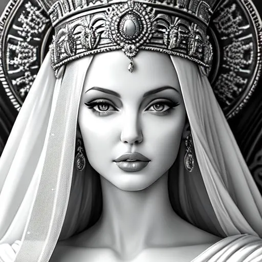 Prompt: Angelina Jolie as Greek Empress photo portrait in real life, white marble greek statue, detailed, dark zone with texture, soft light, black and white. Two lateral soft light and low-key, backlight. 