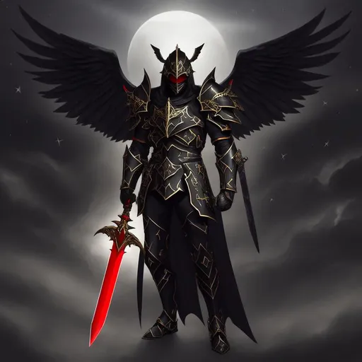 Prompt: paladin man, spectral wings, black wings, night sky, black, gold, red, hd, alone, dramatic, sword and shield, open helmet, no mercy