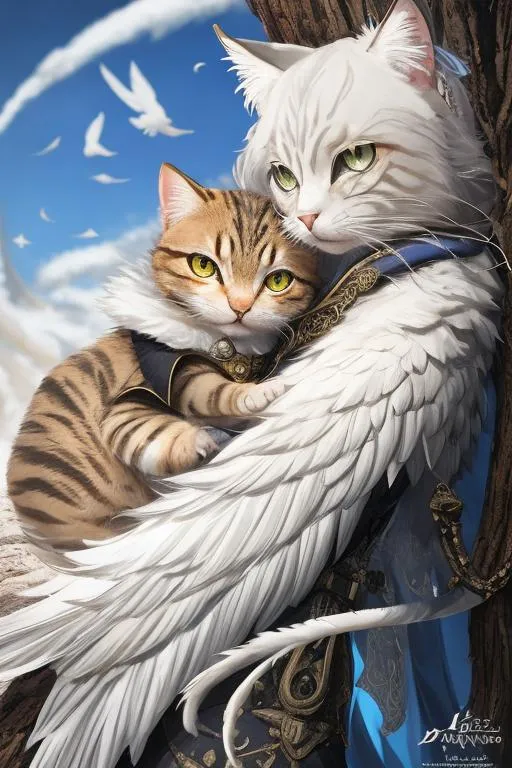 Prompt: 4 winged cat, 4 eyes, (masterpiece), (best quality:1.2), (intricate detail), dynamic angle, looking at viewer, (1male), ((solo)), (((full body))), (slender), (((tabaxi))), (((white fur))), ((blue pupils)), (((light armor))), black armor, ((cloak)), mysterious, ((ominous expression))