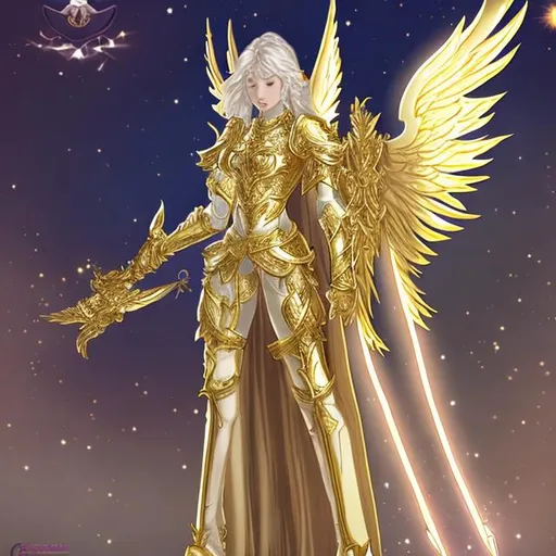 Prompt: A fantasy angelic knight with a shining gold armor made of light with golden wings like a Garuda